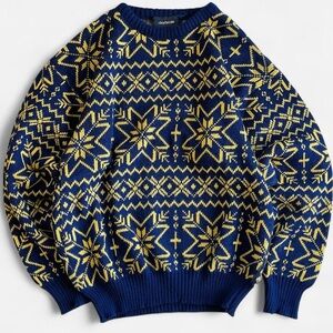 Vintage Daybrooke Sweater Navy Blue Yellow Snowflake Pattern Acrylic Wool Blend